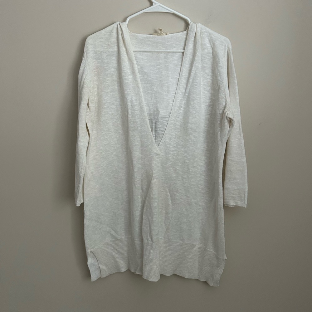 Eileen Fisher Off White Knit Hooded Sweater Size Small Linen Blend